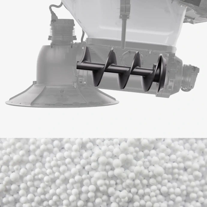 Sistema de dispersión de sólidos del Agras T55 esparciendo fertilizante granulado blanco.