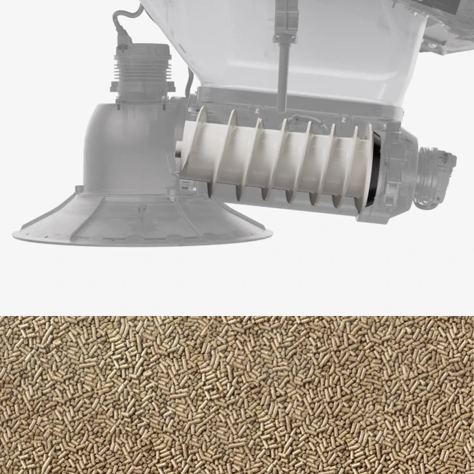 Dispersor de sólidos del dron DJI Agras T55 con pellets agrícolas.